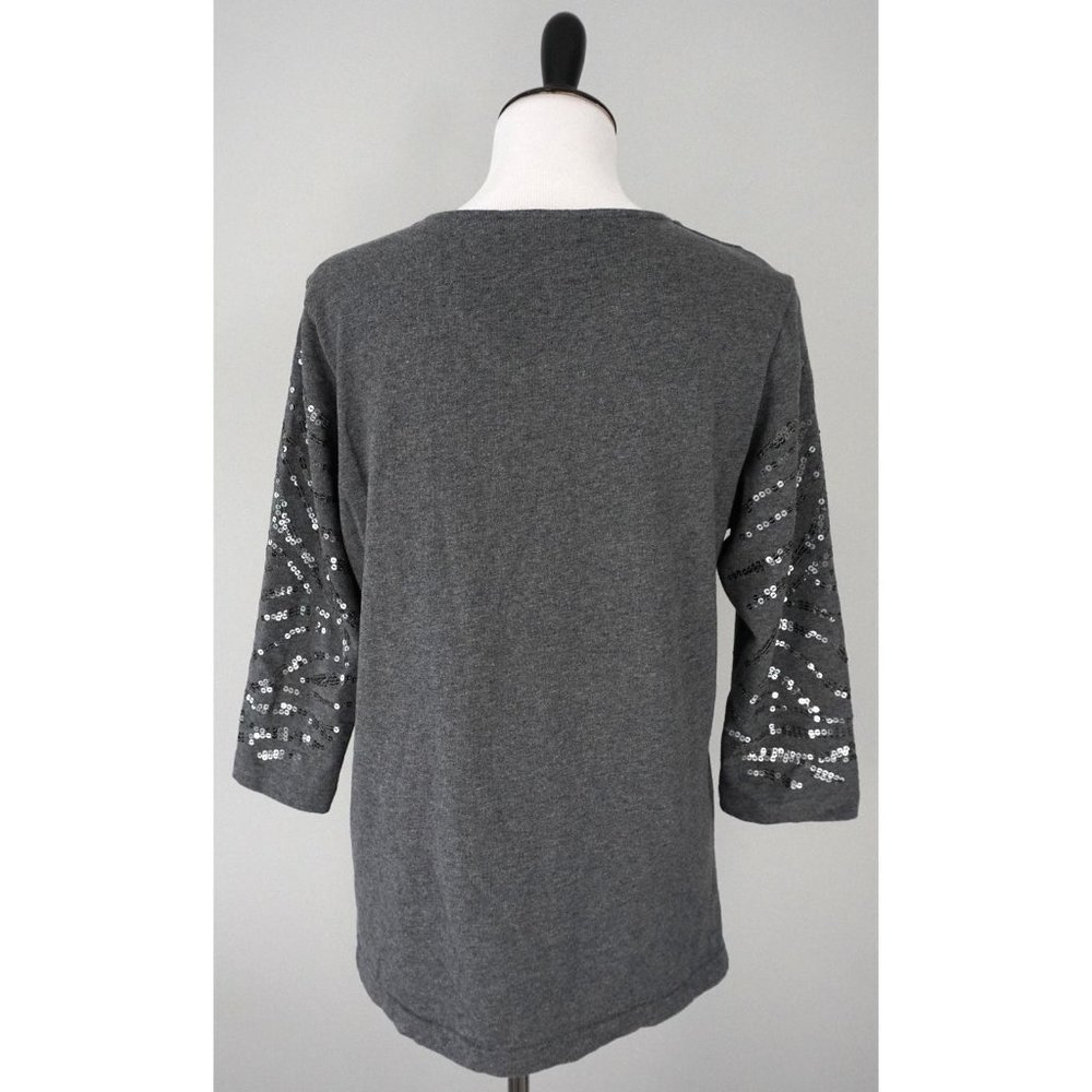 Quacker Factory Gray Sequin 3/4 Sleeve V-Neck Top - image 3